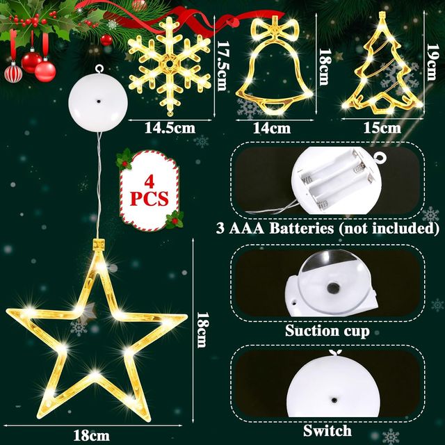 Conjunto de 4 enfeites de luz de Natal LED para janela com pilhas