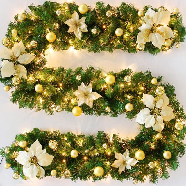 Guirlanda de Natal 2,7m com Luzes LED e Enfeites Dourado