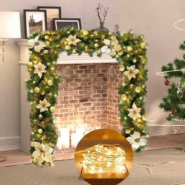 Guirlanda de Natal 2,7m com Luzes LED e Enfeites Dourado