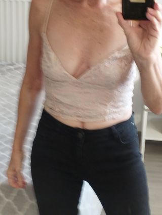 Top Bershka encaje rosa salmón y plateado Talla XS