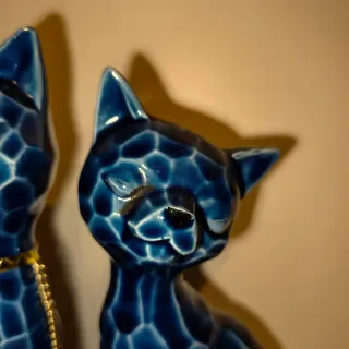 Pareja Gatos Porcelana Azul Cobalto