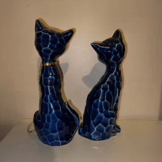 Pareja Gatos Porcelana Azul Cobalto