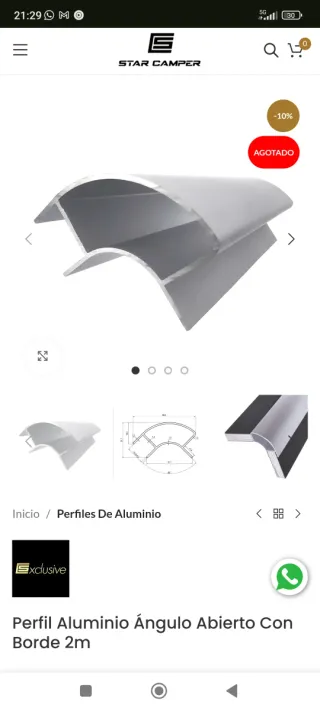 Perfil Aluminio Ángulo Abierto Borde 2m