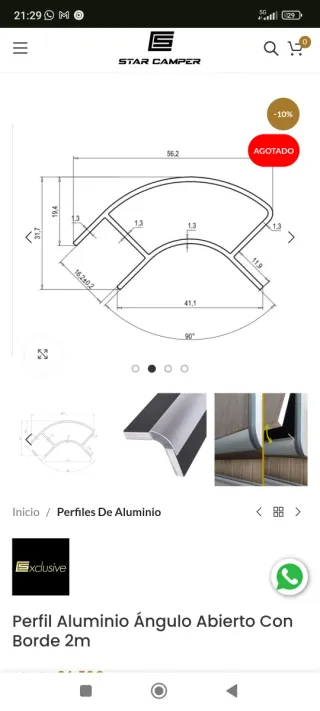 Perfil Aluminio Ángulo Abierto Borde 2m