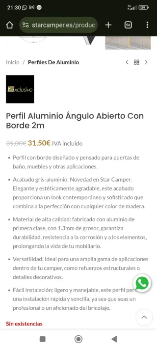 Perfil Aluminio Ángulo Abierto Borde 2m