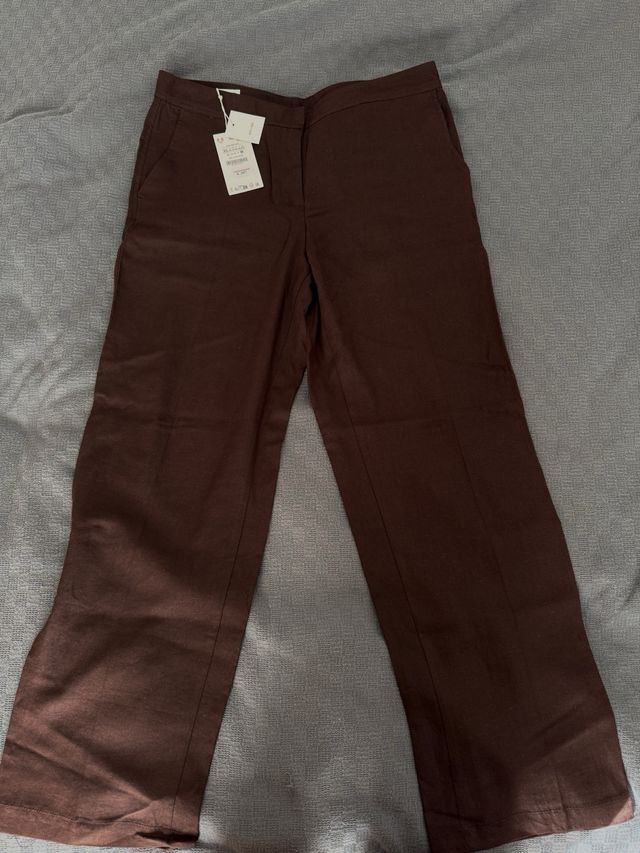 Pantalones Zara Lino Mujer Marrón