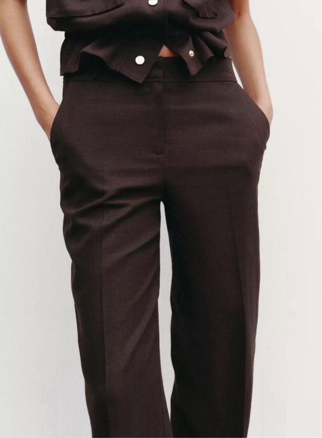 Pantalones Zara Lino Mujer Marrón