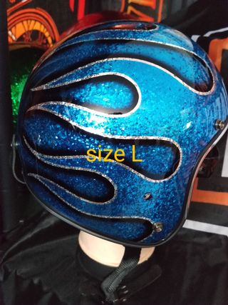 Casco metal flake - flames blu L
