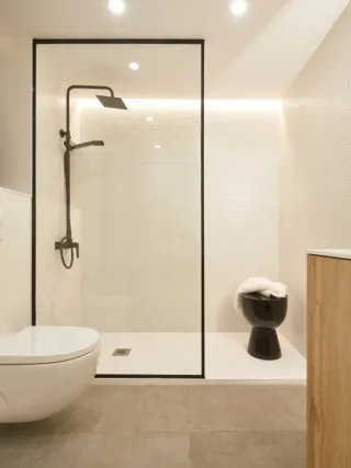 Plato de ducha, mampara y grifo de baño