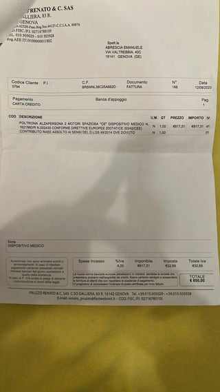 Poltrona alzapersona 2 motori dispositivo medico