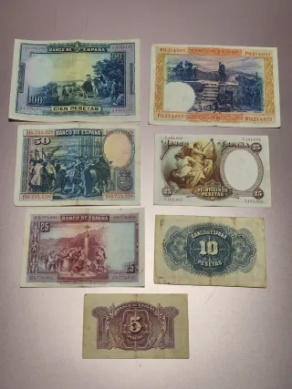 Lote 7 Billetes 100, 50, 25, 10 y 5 pts