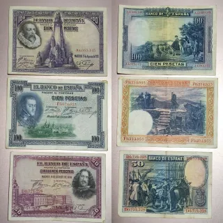 Lote 7 Billetes 100, 50, 25, 10 y 5 pts