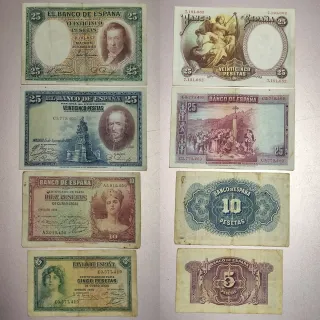 Lote 7 Billetes 100, 50, 25, 10 y 5 pts