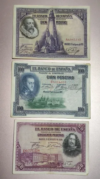 Lote 7 Billetes 100, 50, 25, 10 y 5 pts