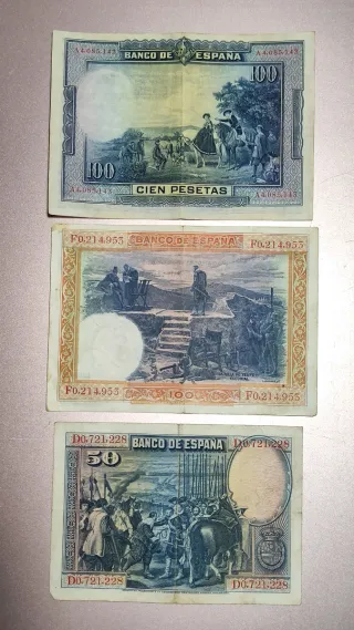 Lote 7 Billetes 100, 50, 25, 10 y 5 pts