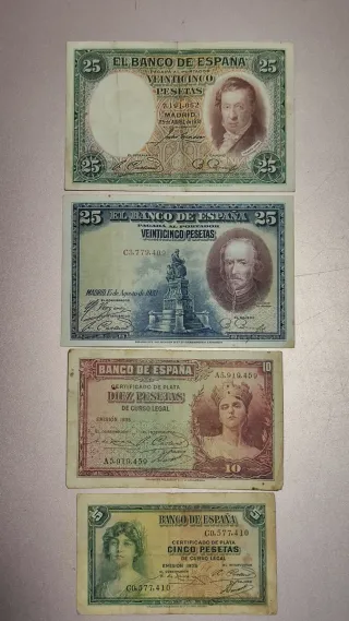 Lote 7 Billetes 100, 50, 25, 10 y 5 pts