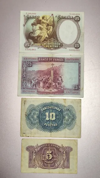 Lote 7 Billetes 100, 50, 25, 10 y 5 pts