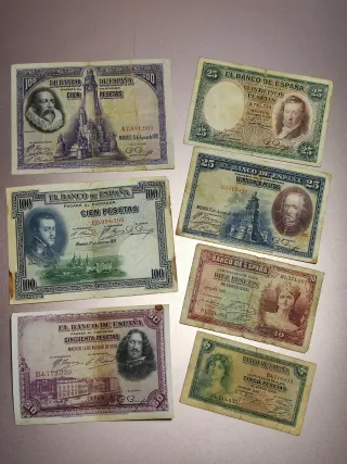 Lote 7 Billetes antiguos de 100, 50, 25 10 y 5 Pts