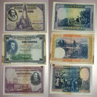 Lote 7 Billetes antiguos de 100, 50, 25 10 y 5 Pts