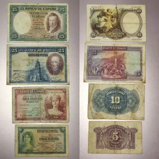 Lote 7 Billetes antiguos de 100, 50, 25 10 y 5 Pts