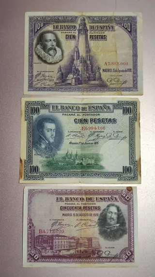 Lote 7 Billetes antiguos de 100, 50, 25 10 y 5 Pts