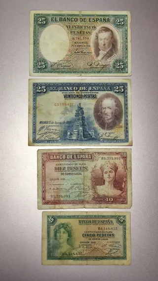 Lote 7 Billetes antiguos de 100, 50, 25 10 y 5 Pts