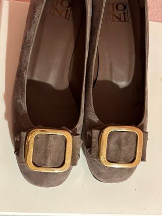 Zapatos planos ante gris hebilla dorada