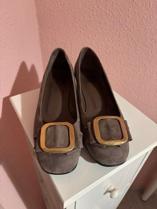 Zapatos planos ante gris hebilla dorada