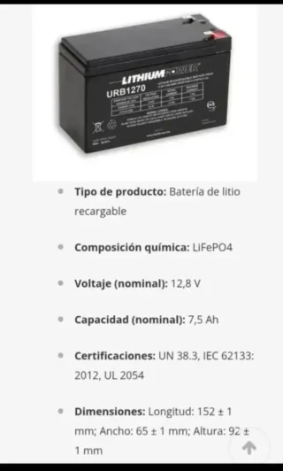 Batería Litio 12.8V 7.5Ah URB1270 ULTRALIFE
