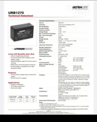 Batería Litio 12.8V 7.5Ah URB1270 ULTRALIFE