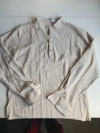 Camisa Lino Beige Talla M cuello henley