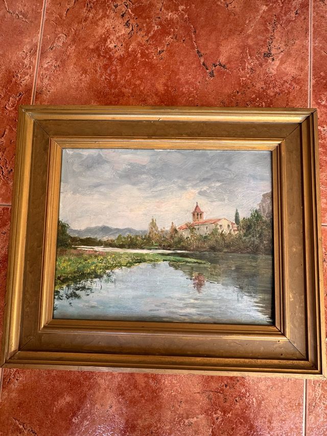 Quadro paesaggio fiume e villaggio