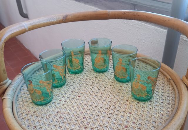 6 Vasos Te o Café Vintage Teal y Dorado