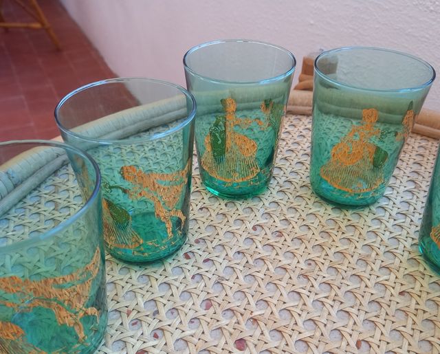 6 Vasos Te o Café Vintage Teal y Dorado