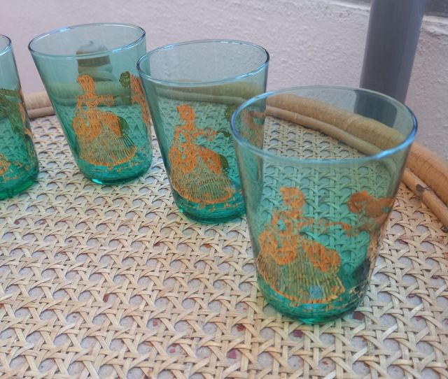6 Vasos Te o Café Vintage Teal y Dorado