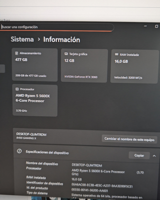 PC Sobremesa Ryzen 5 5600X RTX 3060 12GB 16GB RAM