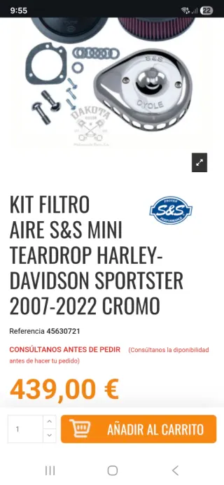 Kit Filtro Aire S&S Mini Teardrop Harley
