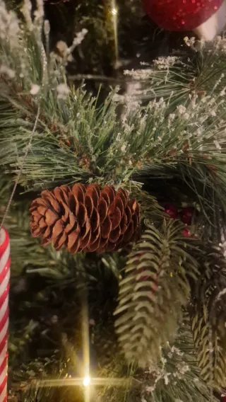 Árbol de Navidad con piñas y frutos rojos.