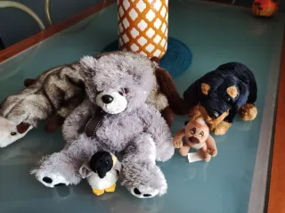 Set 5 peluche: orso, cane, pinguino, ecc.