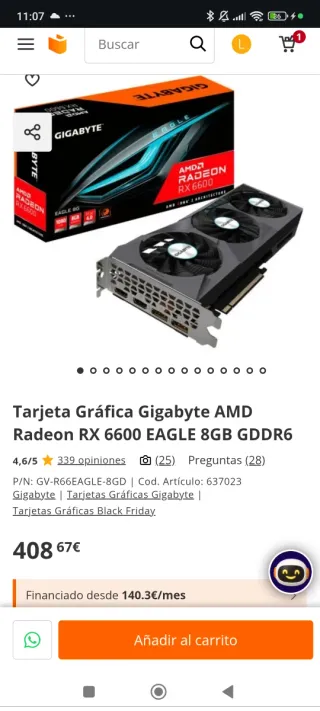 Tarjeta Gráfica Gigabyte AMD Radeon RX 6600