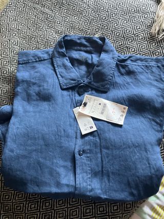 Camisa Lino Zara Azul Talla XL