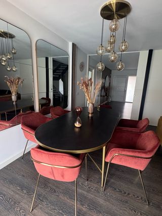 Conjunto de 6 sillas de terciopelo terracota y oro