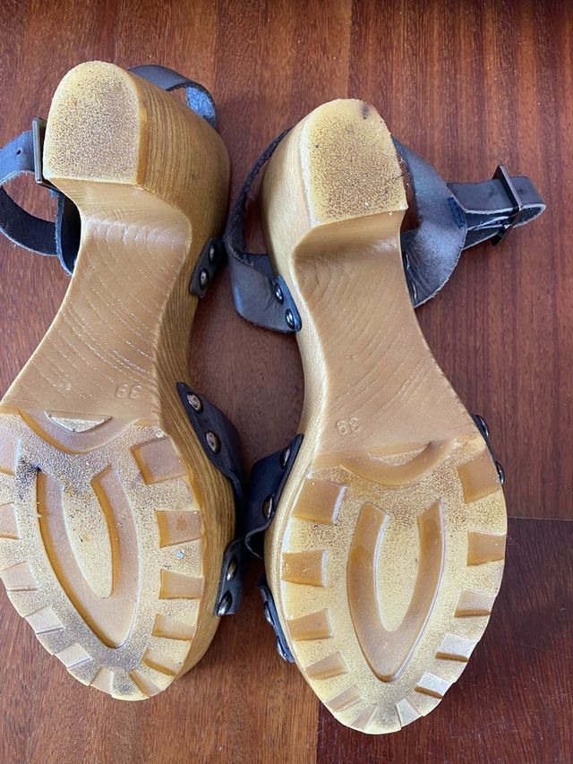 Sandalias Porronet Cuña Piel Azul Gris