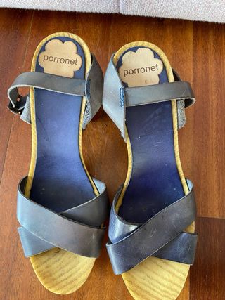 Sandalias Porronet Cuña Piel Azul Gris