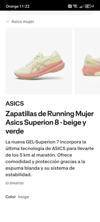 Zapatillas Asics Running Mujer Beige y Rosa t40
