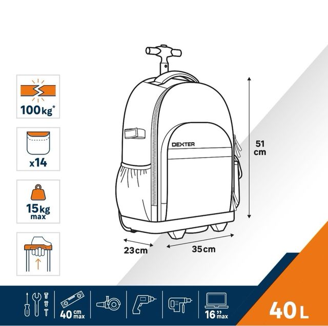 Mochila para herramientas con ruedas de 40 litros