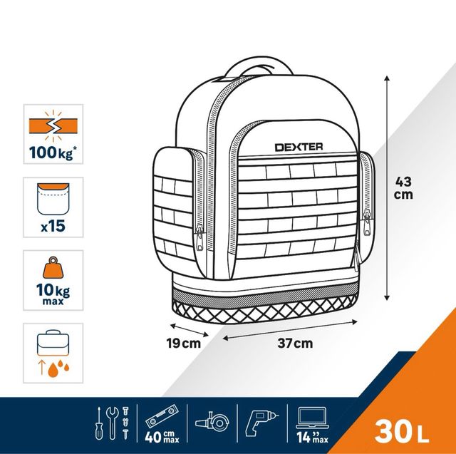 Mochila para herramientas 30 Litros  15 bolsillos