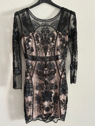 Vestido fiesta negro y beige