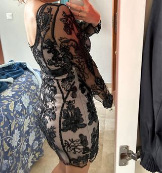 Vestido fiesta negro y beige