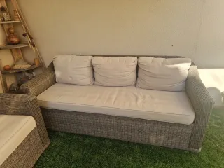 Divano da terrazzo in vimini e tessuto beige/grigio